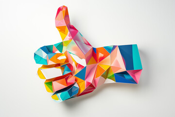 Colorful geometric polygonal paper thumbs up on white background