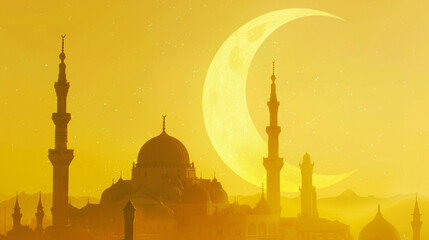 Ramadan mosque moon yellow background Arabic - obrazy, fototapety, plakaty
