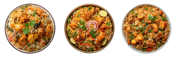 Set of Delicious vegetable chicken biryani plate close up, top view, isolated on transparent background, cut out