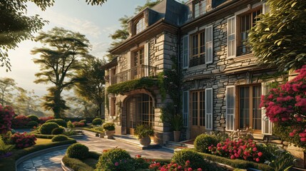 Fototapeta na wymiar the elegance of a French Provincial house with stone accents, surrounded by a manicured garden