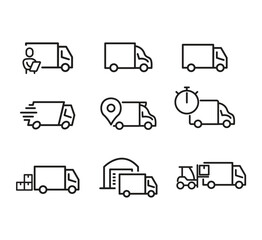 Fast shipping delivery truck. Set of Line icons. Vector illustration for apps and websites