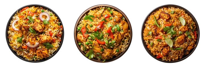 Set of Delicious vegetable chicken biryani plate close up, top view, isolated on transparent background, cut out