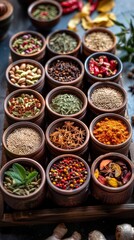 A tray filled with a variety of different types of spices, showcasing an assortment of colors, textures, and aromas.