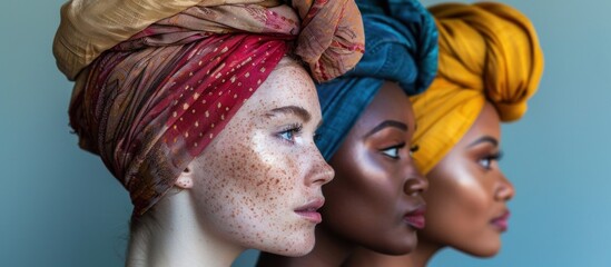 Mannequins styled with various headscarves in different colors arranged together. - obrazy, fototapety, plakaty