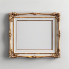 A rectangular wooden frame with a Louis pattern and a blank white canvas hangs elegantly on a white wall. The frame is perfectly positioned in the center of the picture. reflecting simplicity