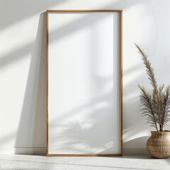 wooden square frame A slender, blank white canvas hangs elegantly on a framed white wall perfectly positioned at the center of the painting. Reflecting elegance and simplicity