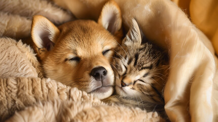 Obraz premium A heartfelt moment between a puppy and a kitten enveloped in a soft beige blanket.