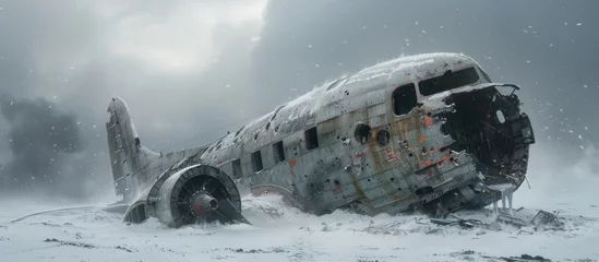 Fotobehang A decaying plane wreck sits in the snow, showcasing a stark contrast between the white landscape and rusted metal. © FryArt Studio