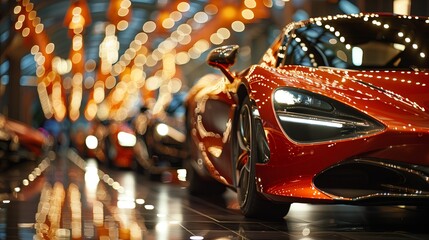 Close up sports cars in the showroom on bokeh background, light reflection. supercars.