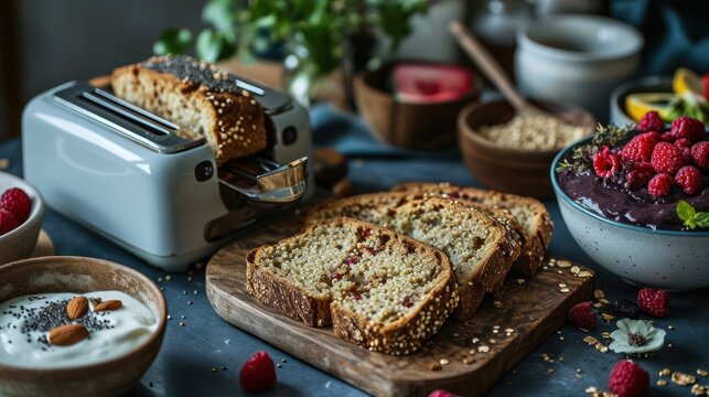 the essence of a healthy breakfast with a contemporary toaster preparing slices of quinoa and chia seed bread, accompanied by acai bowls