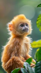Obraz premium A small monkey is perched on top of a tree branch in its natural habitat.