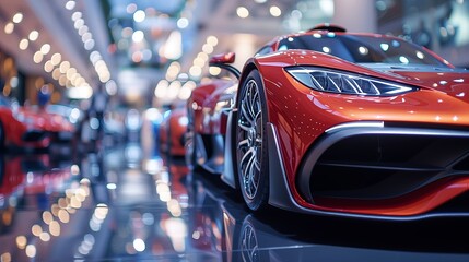 Close up sports cars in the showroom on bokeh background, light reflection. supercars. - obrazy, fototapety, plakaty