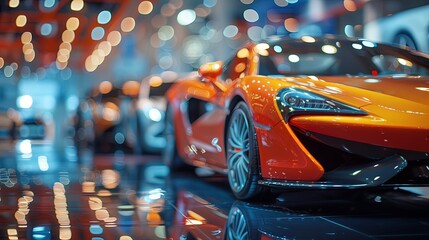 Close up sports cars in the showroom on bokeh background, light reflection. supercars.