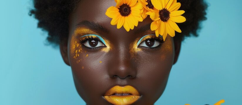 A woman with sunflowers adorning her head, featuring yellow floral makeup.