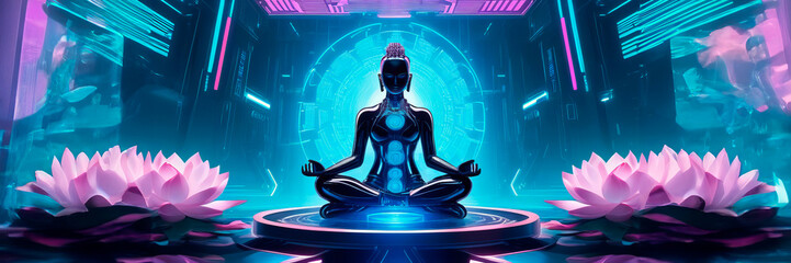 Silhouette cyber monk woman in meditation pose with pink lotus flowers over hi-tech blue background. Shaolin monk meditating. Banner copy space. Magic portal