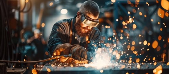 A man in industrial attire is intensely focused on welding a piece of metal, with bright sparks flying around him. - obrazy, fototapety, plakaty