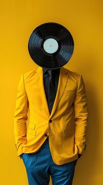 A man in a suit standing with a vinyl record placed on his head. The image captures a unique balancing act amidst a professional setting.