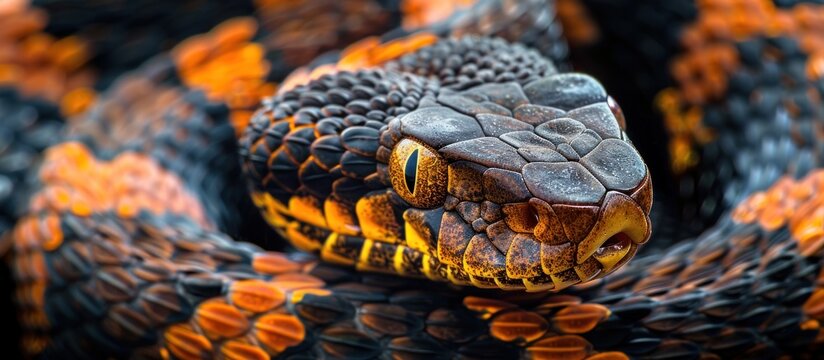 A detailed close-up of a snakes head, displaying intricate patterns and colors. The scales and eyes are visible, capturing the essence of this fascinating reptile.