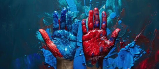 Hands of an individual painted in bright red and blue colors, creating a vibrant contrast. The paint is applied thoroughly, covering the hands completely.