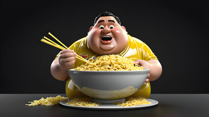 a fatty man eating noodles on a black background. a fatty man eating a lot of food on a black background. Reduce weight loss obesity concept. medical diet concept