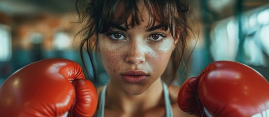 A focused Hispanic female boxer wearing boxing gloves in a gym, preparing for a training session. - obrazy, fototapety, plakaty