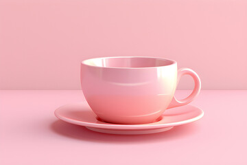 Close-up of a pink mug on a saucer with tea,  generated by AI. 3D illustration