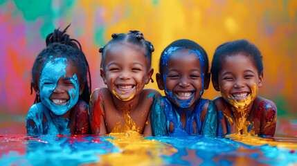 Four cheerful children with paint on their faces and hands, laughing against a multicolored background. Joyful Children Playing with Colorful Paints
