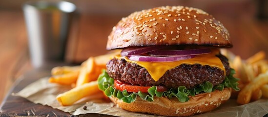 A classic cheeseburger with a beef patty and cheddar cheese, accompanied by crispy fries, placed on...