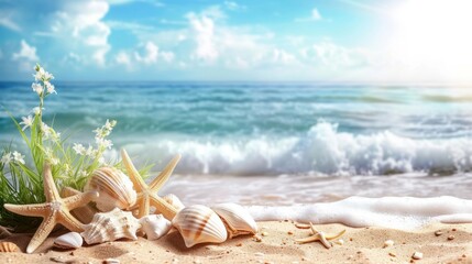 Fototapeta na wymiar Beautiful Sunny Sandy Beach with Seashells Starfish White Flowers and Ocean Waves and Blue Sea Sky Horizon Background with Empty Copy Space for Text Display Summer Sale