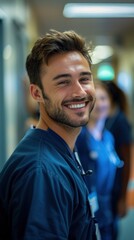 Fototapeta premium A cheerful doctor in medical scrubs standing in a hospital hallway, radiating positivity.