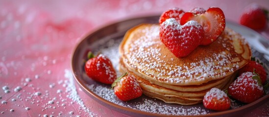 A plate filled with fluffy pancakes topped with a generous sprinkling of powdered sugar and fresh strawberries, creating a tempting and delicious breakfast or brunch option. - Powered by Adobe