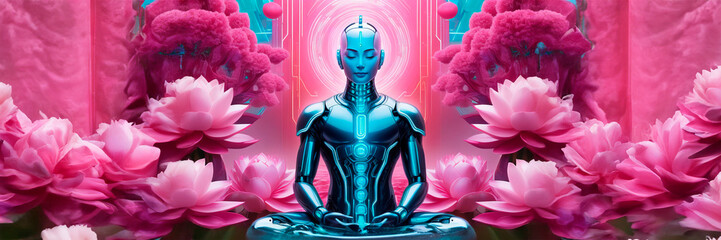 Silhouette cyber monk woman in meditation pose with pink lotus flowers over hi-tech blue background. Shaolin monk meditating. Banner copy space. Magic portal