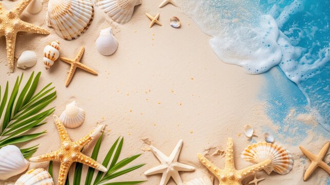 Top View of Beautiful Tropical Sandy Beach with Sea Shells Starfish Palm Leaves and Blue Ocean Wave Background with Empty Copy Space for Text Display Summer Sale