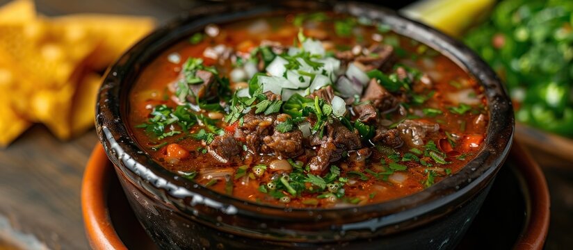 A bowl filled with savory Mexican birria soup, rich in flavor, showcasing tender pieces of meat and assorted vegetables.