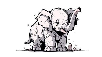 the simplicity of a Black and White Elephant cartoon, highlighting its majestic presence and distinctive features