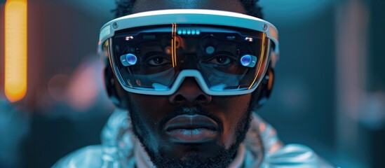 An African American man is seen engaging with virtual reality while wearing a futuristic helmet and goggles.