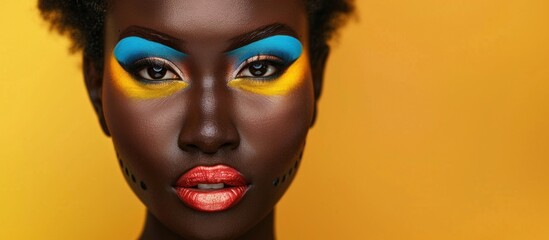 A bold African woman showcases bright blue and yellow makeup in a captivating portrait. - obrazy, fototapety, plakaty