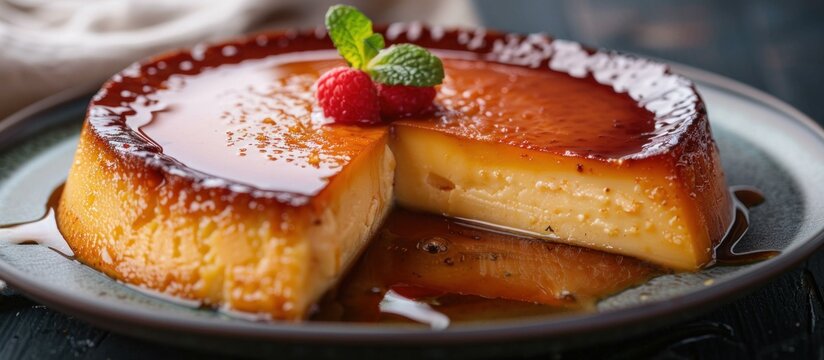A plate holding a traditional Mexican flan dessert drenched in sweet syrup.