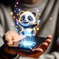 Playful Panda Hologram Over Smartphone