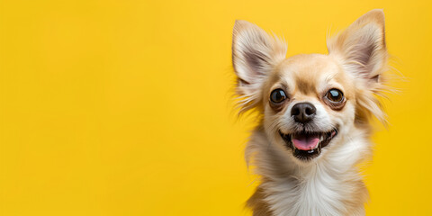 Obraz premium Portrait of a smiling dog on a yellow background. Horizontal banner with copy space