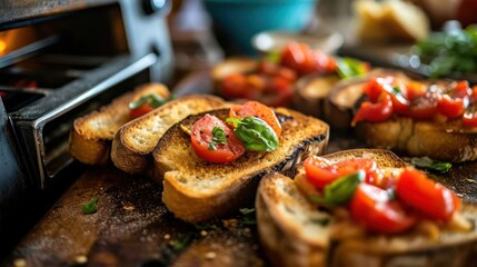 the simplicity of a toaster toasting slices of classic French bread, setting the stage for a breakfast bruschetta with tomatoes and basil