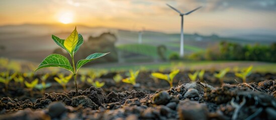 A young green plant sprouts from the soil in front of towering wind turbines, showcasing the coexistence of nature and renewable energy.