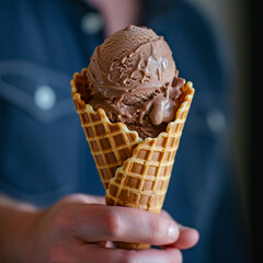 Hand holding a chocolate waffle cone with an ice cream scoop, iso 200 style, elongated flowing lines