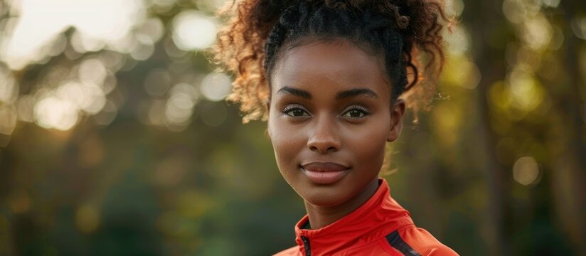 A woman with an Afro American descent, wearing a red jacket, strikes a pose for a picture outdoors.
