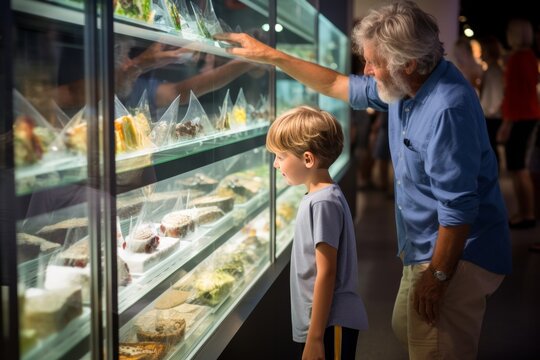 An elderly man with his grandson, shopping in the grocery department, choosing fruits and vegetables, the concept of family, healthy eating and longevity