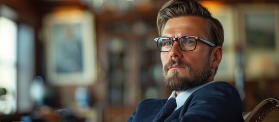 Obraz premium A confident business professional in a suit and glasses sitting in a chair, likely attending a seminar or meeting.