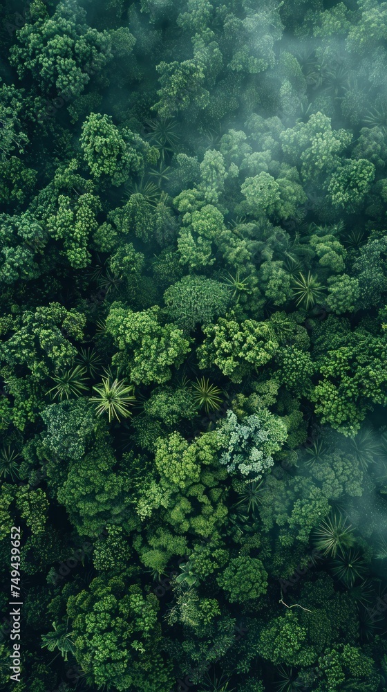 Poster aerial view showing the expanse of a thick, lush forest with a canopy of trees extending as far as t