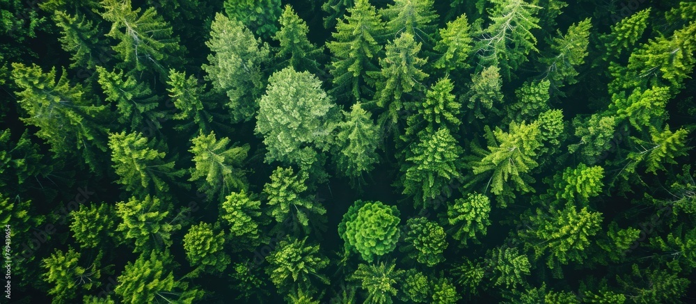 Aufkleber an overhead perspective of a dense forest filled with coniferous green trees creating a thick canopy