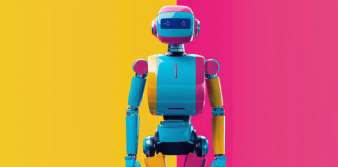 friendly, small robot in purple and cyan colors against an isolated background. The robot is compact in size and has vibrant colors. futuristic concepts. for use in visual related to robotics, AI