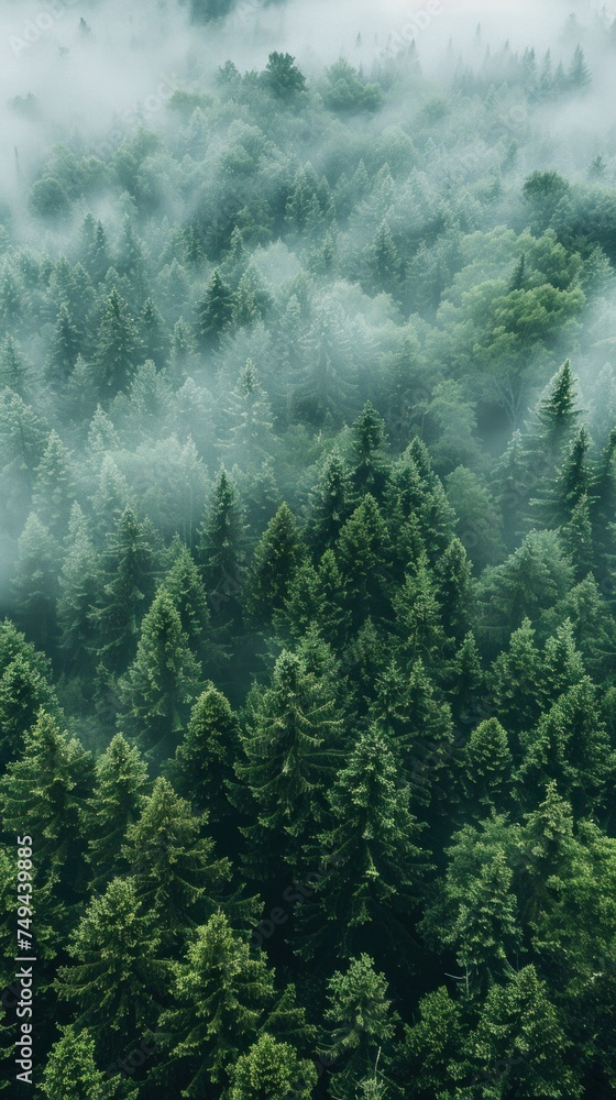 Poster a misty forest filled with numerous trees, shrouded in fog creating a mysterious and atmospheric sce